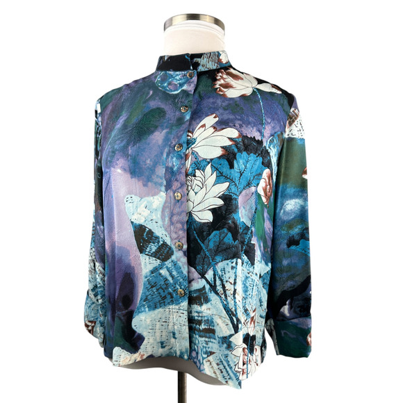 NWT CITRON Santa Monica 100% Silk Button Front Blouse Abstract Floral Size XL - Picture 2 of 16